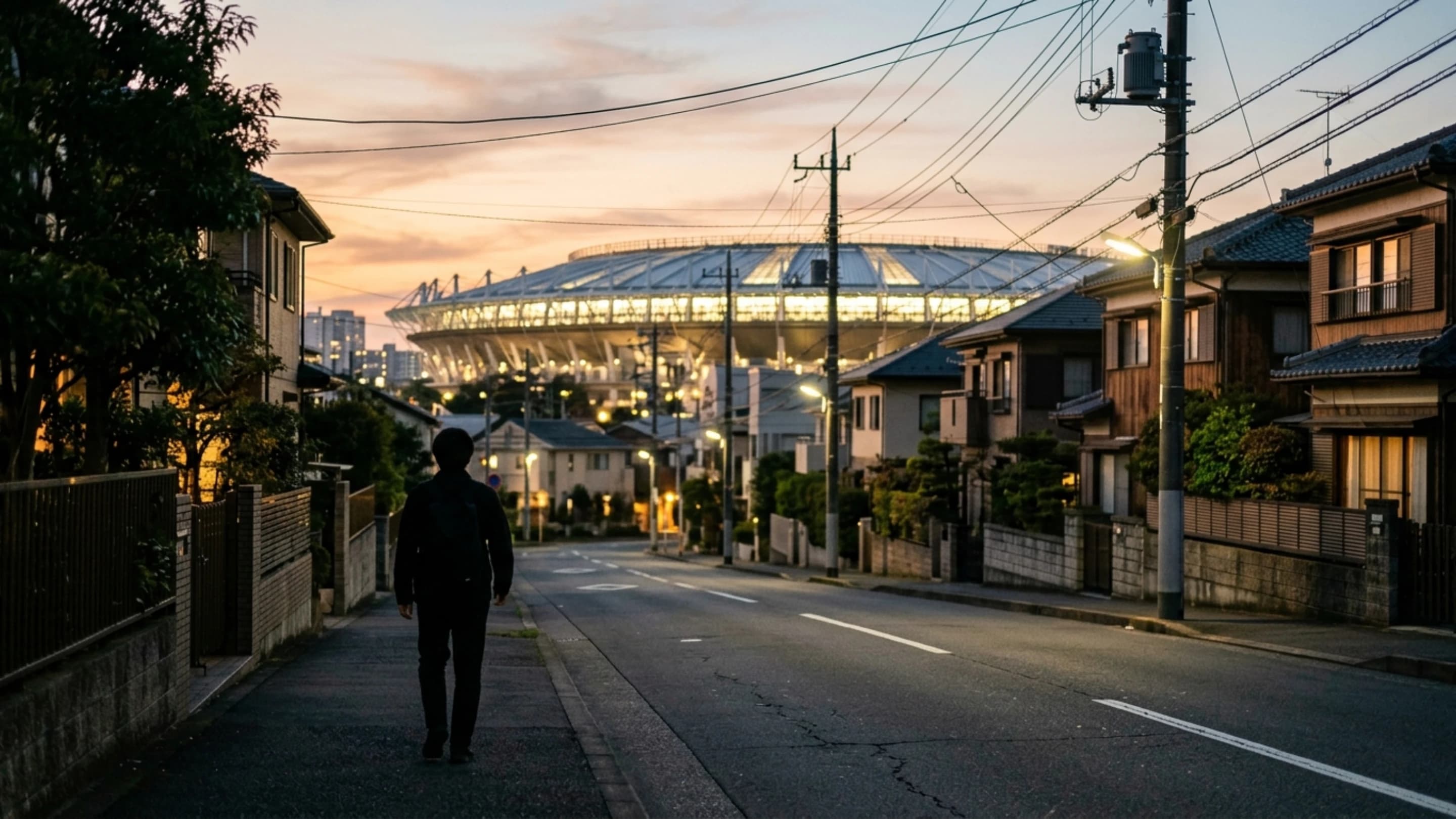 夕暮れの街並みの先にある大きな屋根のスタジアムへ向かう人の後ろ姿