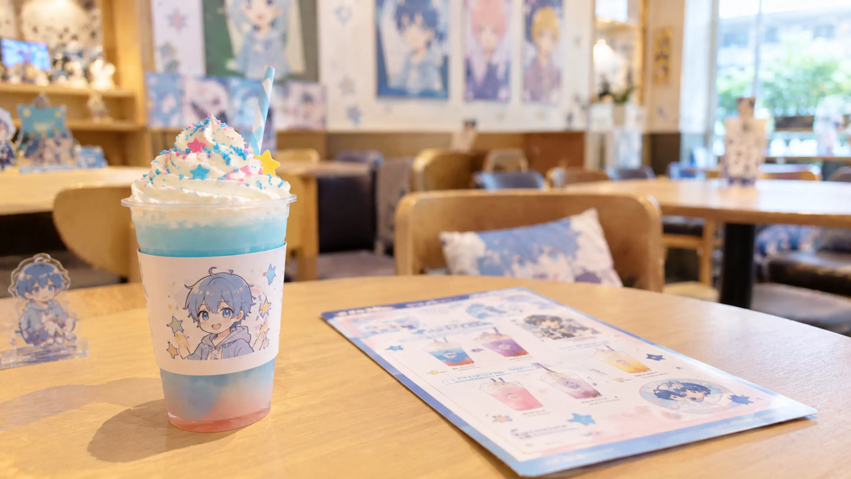 アニメや作品の装飾が並ぶカフェの席で、オリジナルドリンクとメニューを眺める来店客の様子