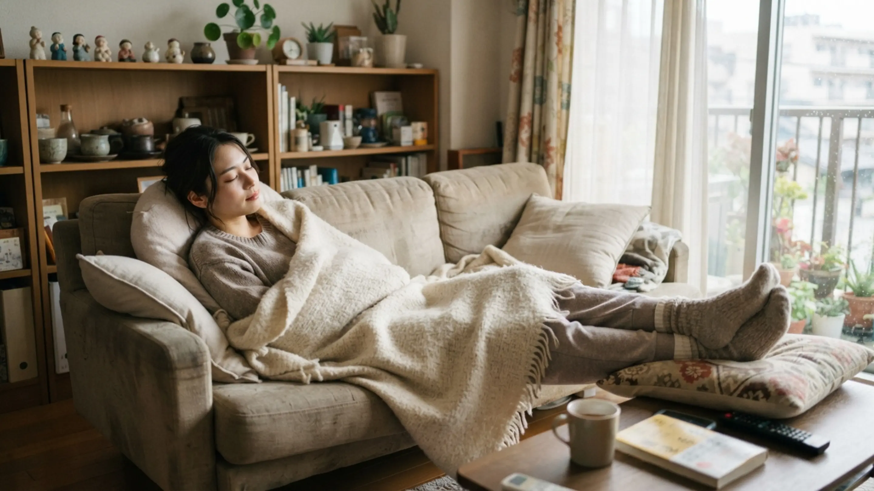日曜午後の自宅リビングでソファに眠るグッズとともに休むファンの様子