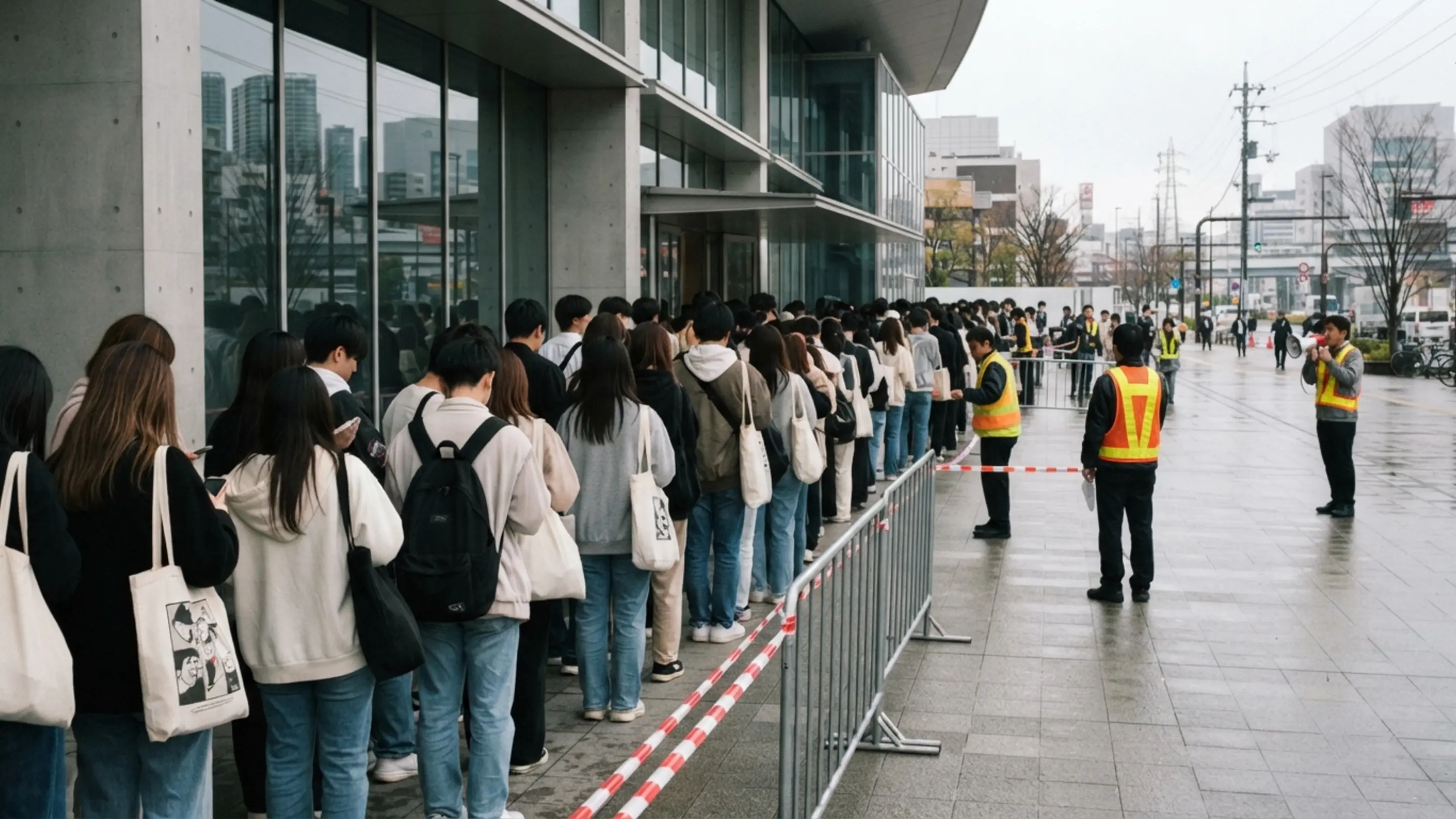 ライブ会場のグッズ販売列に整然と並ぶ人の列の様子