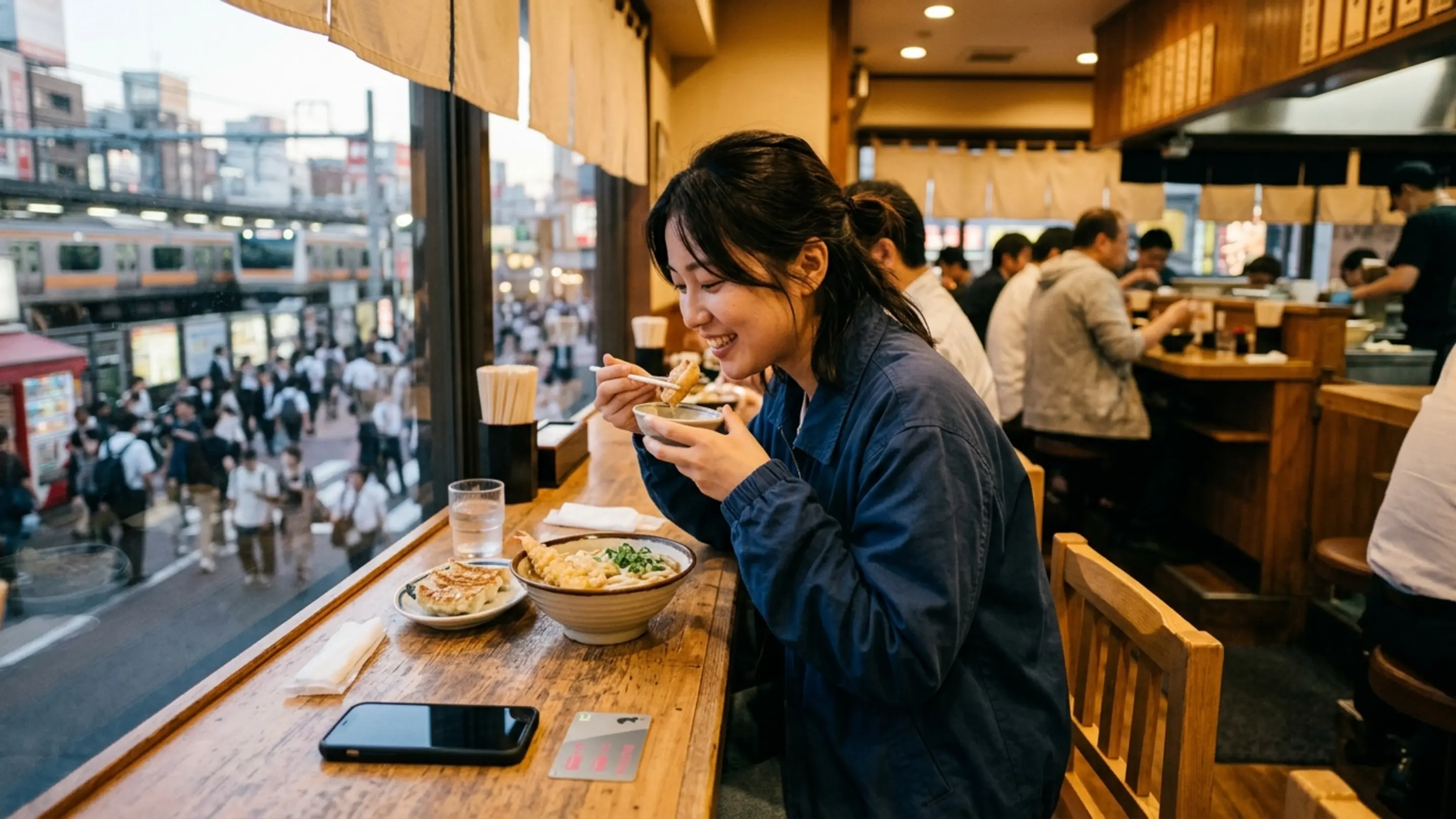 駅前の飲食店で遠征の合間に食事をとる人の様子