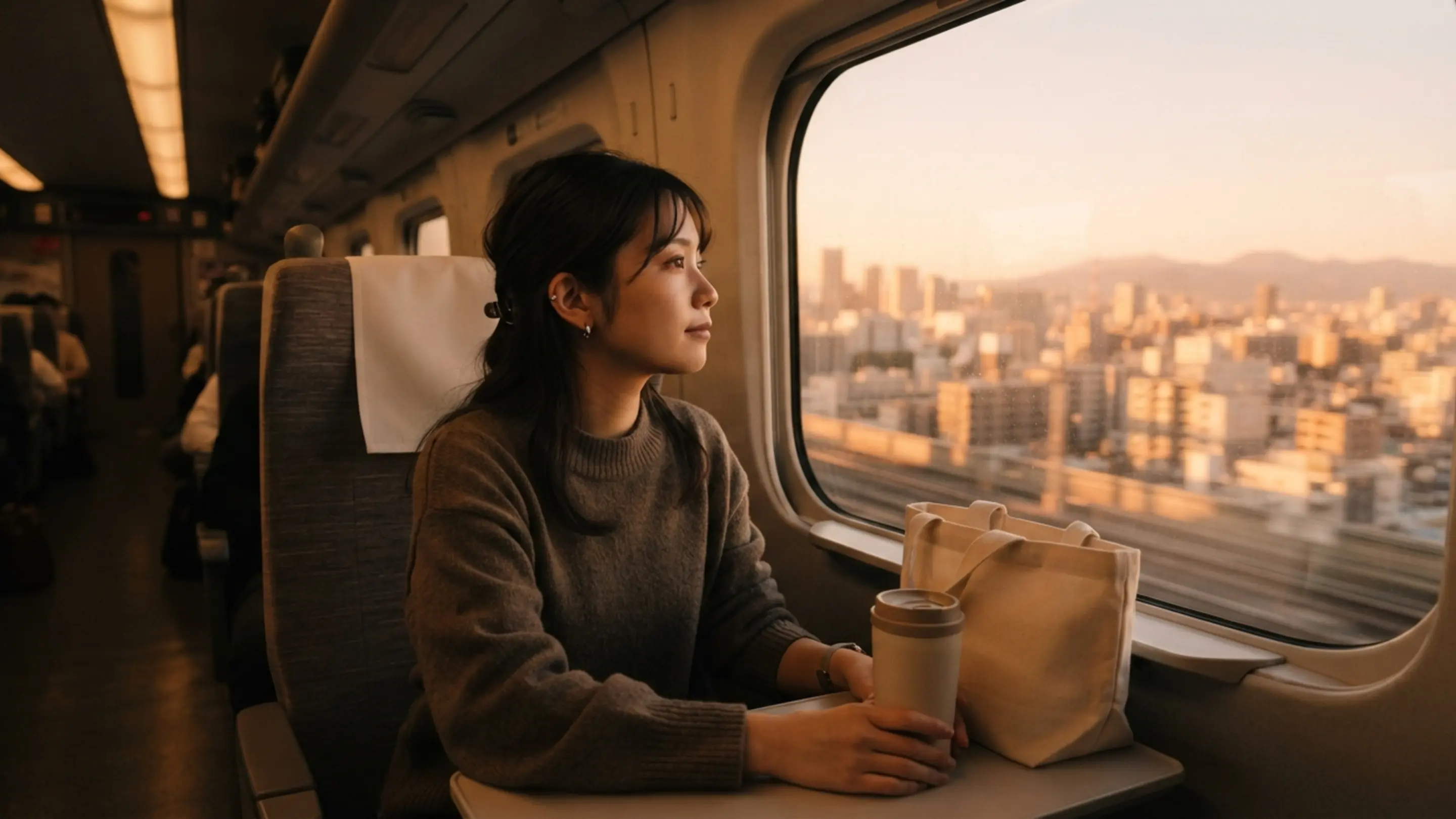 夜明けの新幹線の車窓から朝日に照らされた街並みを望む、遠征中のファンの様子