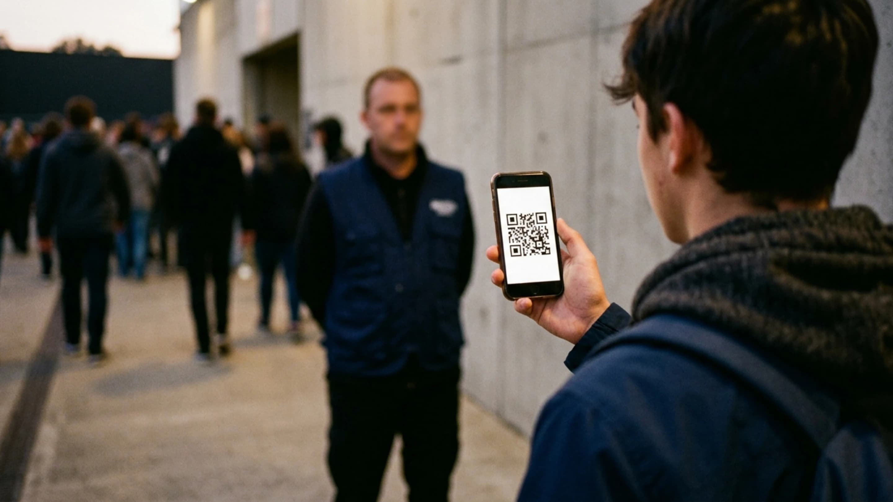 ライブ会場の入り口付近で、スマートフォンに表示したチケット画面を係に見せて入場する来場者の様子