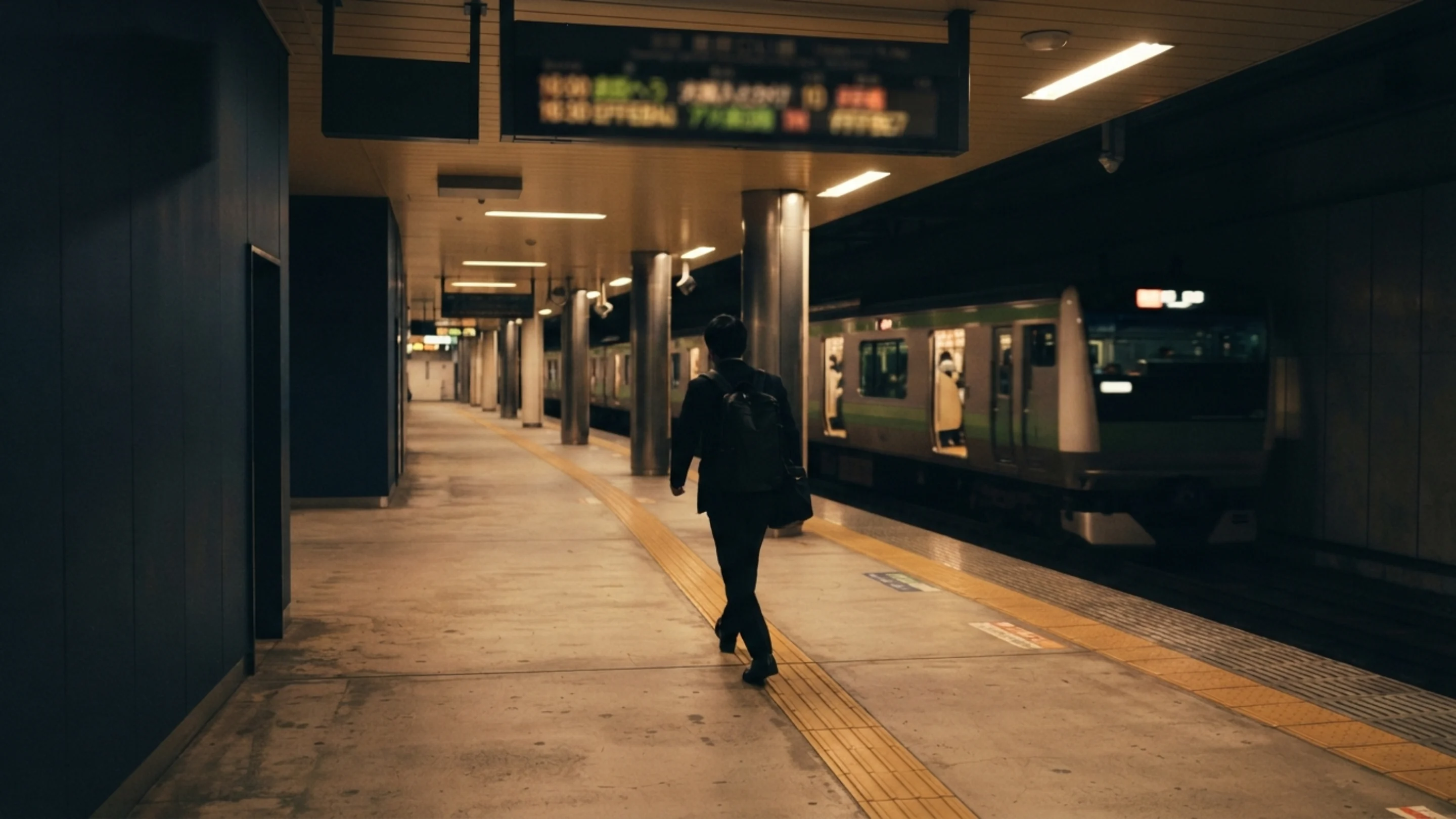 夜の駅ホームで電光掲示を確認しながら終電に向かう人の後ろ姿