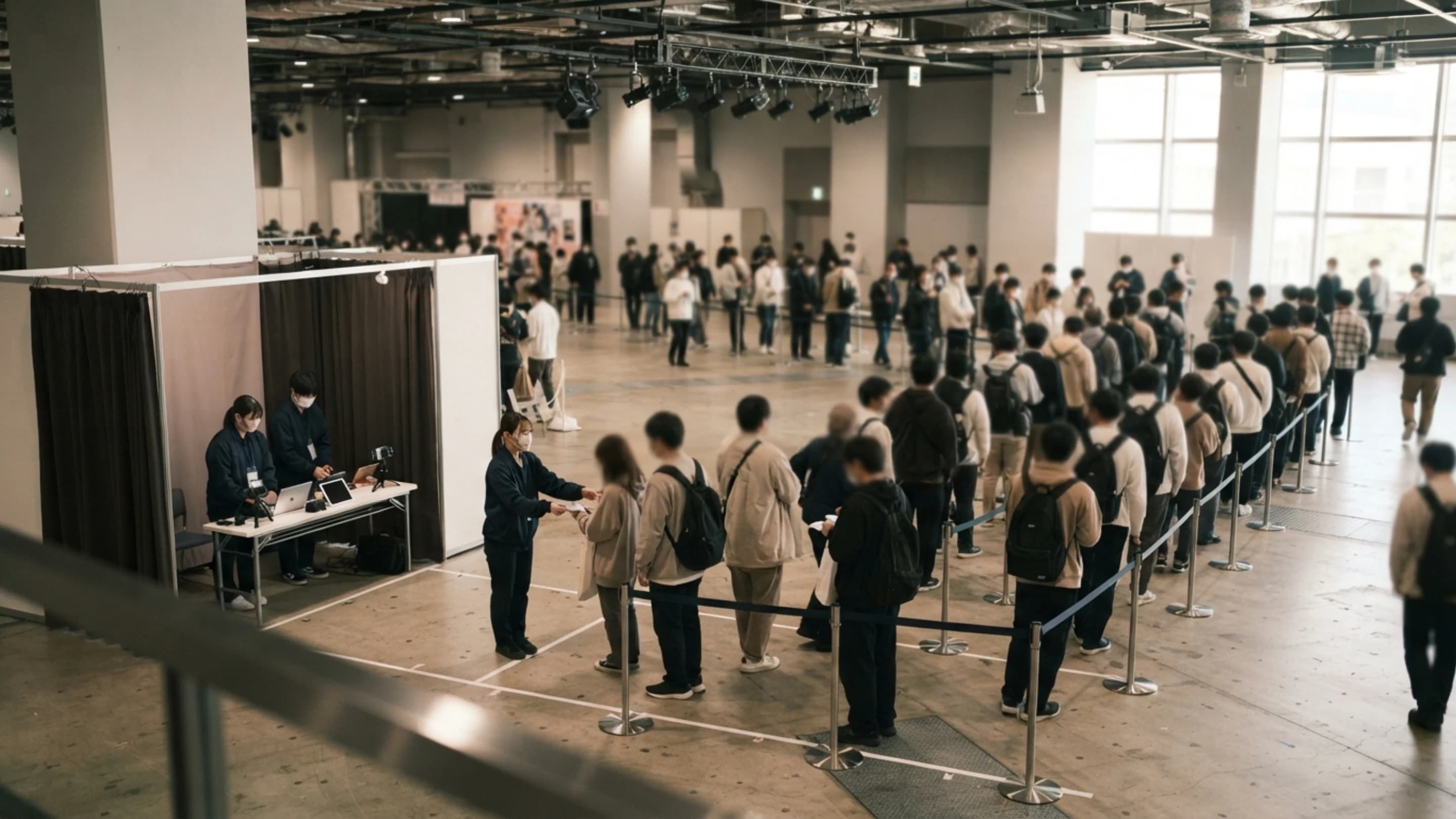 ライブ会場の物販・特典会ブースに向かう人々の後ろ姿。列が整然と並ぶ様子