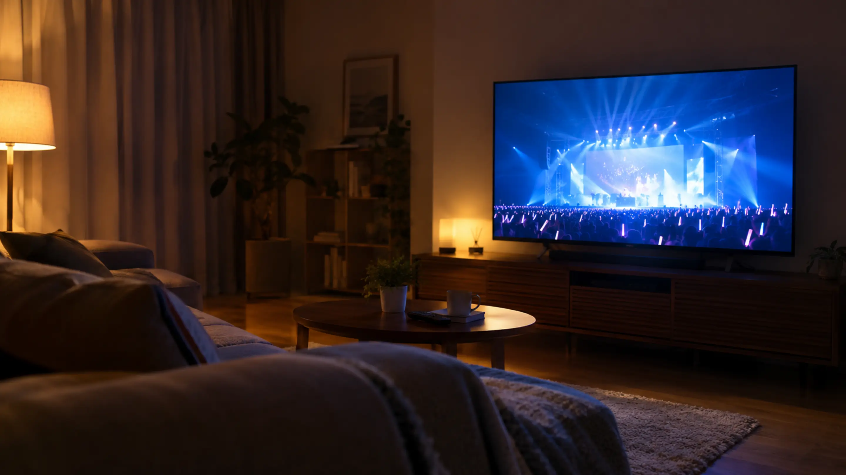 自宅のテレビ画面にライブ映像を映して観覧する部屋の様子