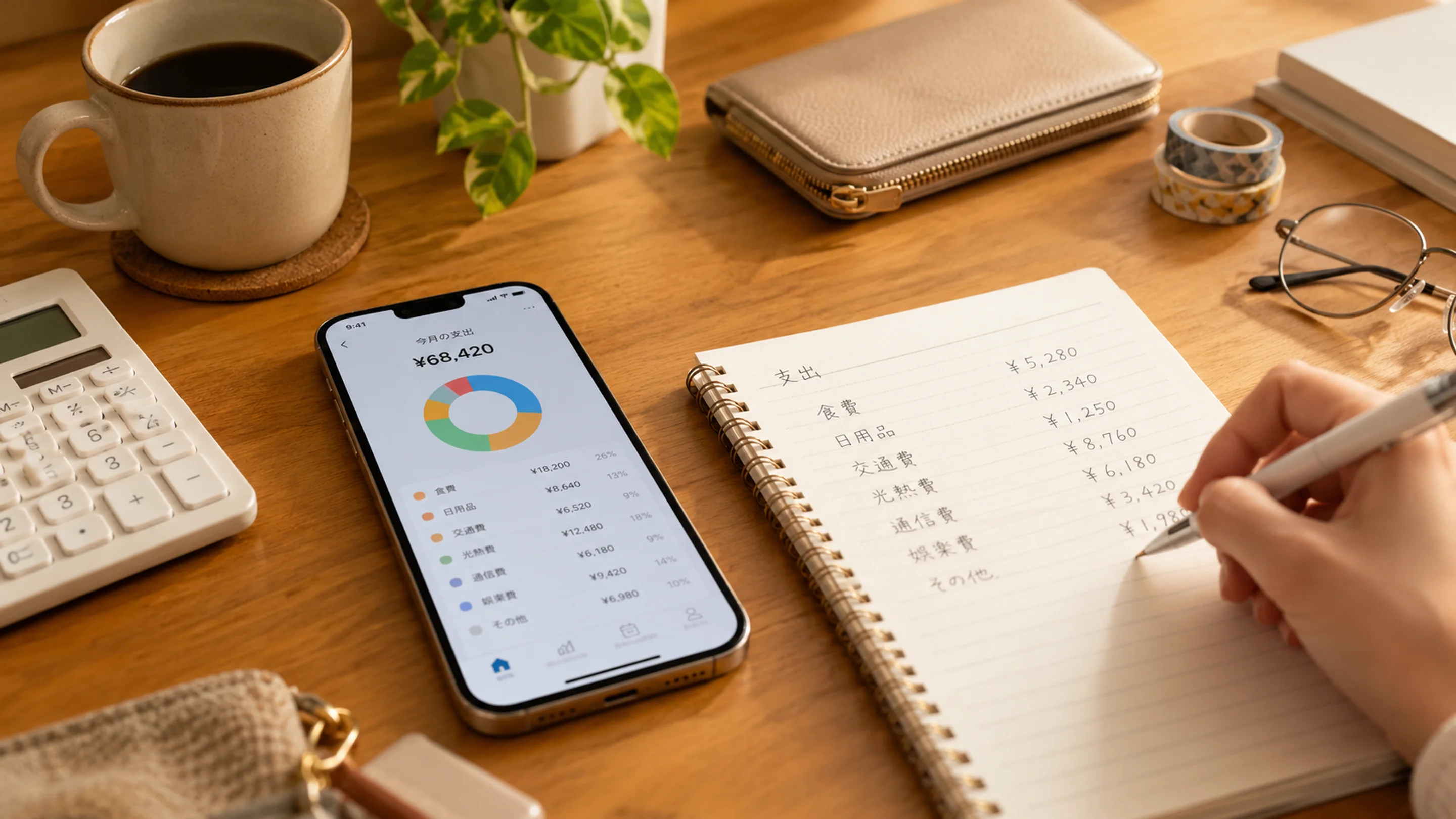 ノートに家計簿をつけながらスマホで推し活の支出を確認する人の机の様子