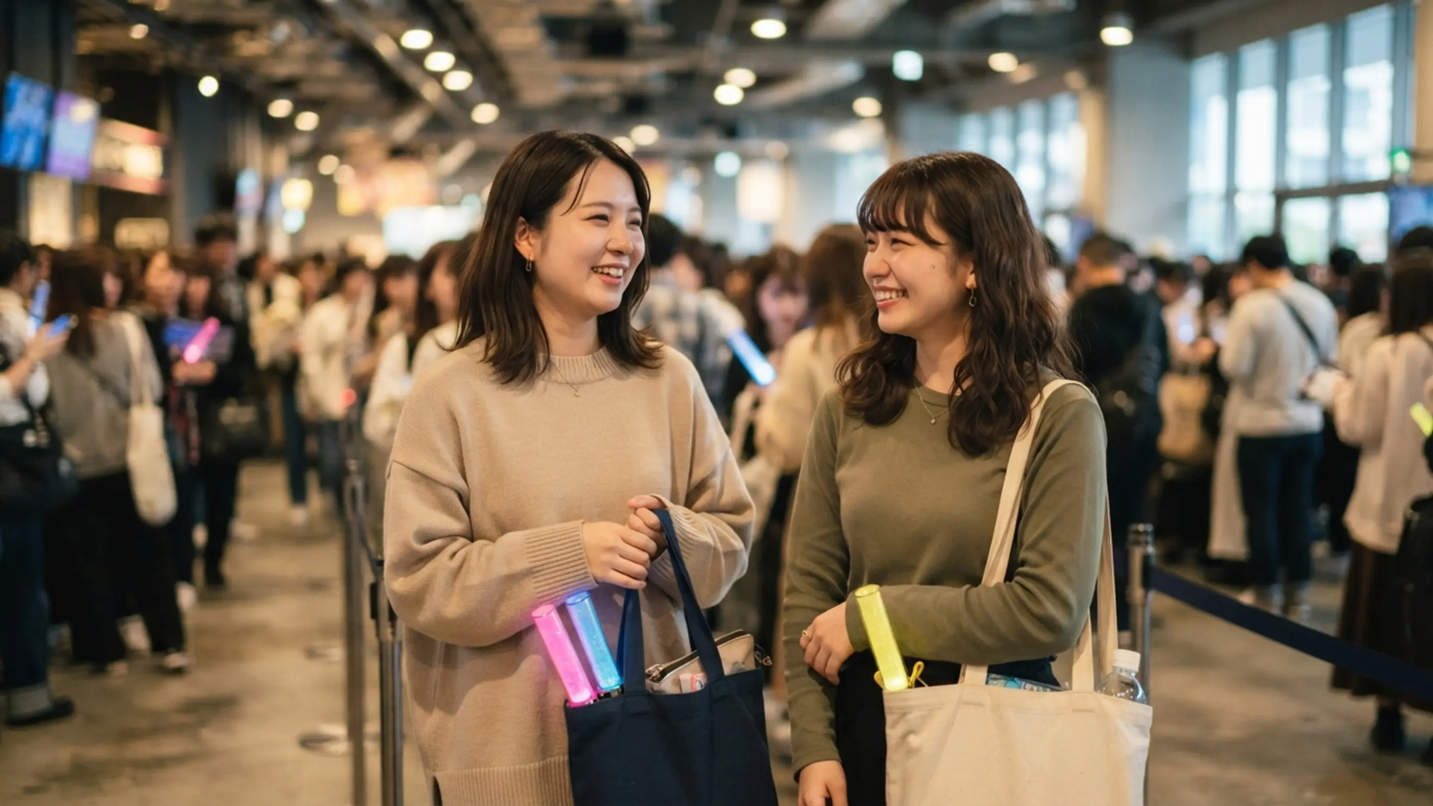 ライブ会場の物販列で楽しそうに会話する推し活仲間のファン同士の様子