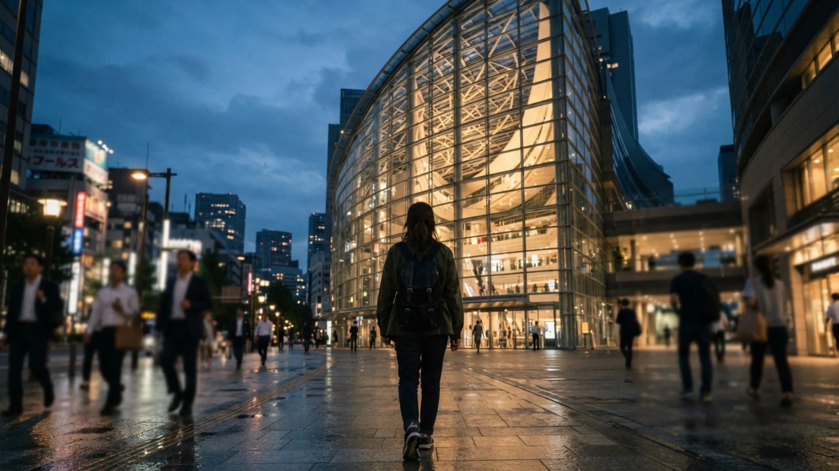ガラス張りの巨大なアトリウムが並ぶ東京国際フォーラムの正面へ向かう人の後ろ姿